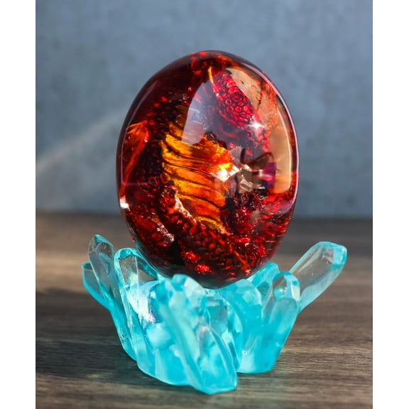 Red Fossil Dragon Hatchling Sleeping in Faux Crystal Acrylic Glass Egg Figurine