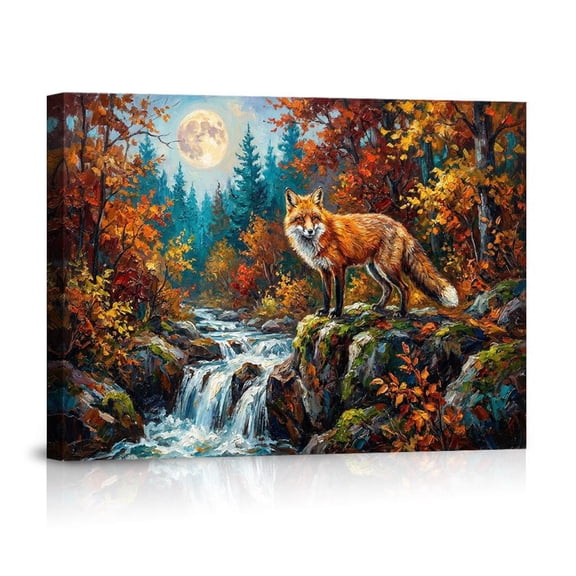 Red Fox Autumn Waterfall Moon Wildlife Forest Scene Canvas