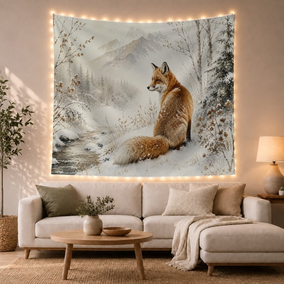Red Fox Beside Shallow Stream in Snow, Serene Rustic Style for Wildlife Lovers, Forest Wall Decor Housewarming Gift, Tapestry Wall Hanging for Bedroom and Cabin