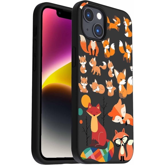 Red Fox Clear Case for iPhone 14 Plus Max, Aesthetic Cute Foxes Collage, Black Matte Soft TPU Case Compatible for iPhone 14 Plus