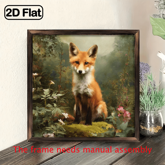 Red Fox in Enchanted Forest Framed Wall Art - Waterproof Wood Frame Wrapped Canvas Painting, Elegant Fox Forest Wildlife Picture for Living Room, Bedroom.wooden board painting.