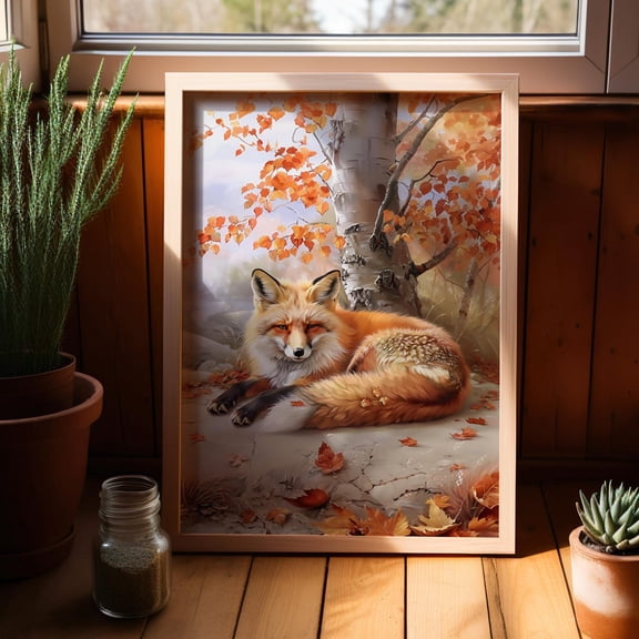 Red Fox Fall Autumn Fox Wildlife Season Wall Decor Vintage Woodland Animal, Stretched Canvas