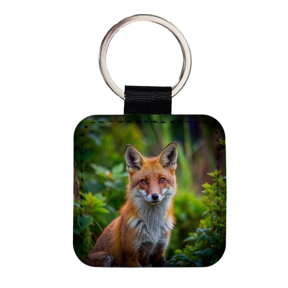 Red Fox Faux Leather Square Keychain