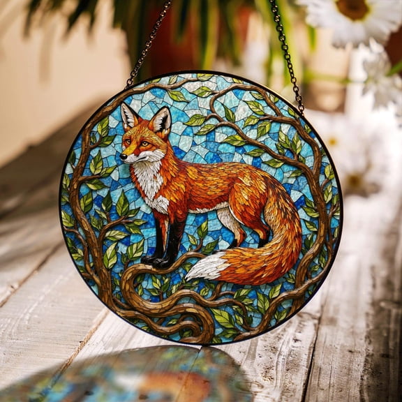 Red Fox Forest Art Suncatcher Glass Style Woodland Decor Gift For Nature Lovers, Suncatcher Window Hanging, 6.3 in