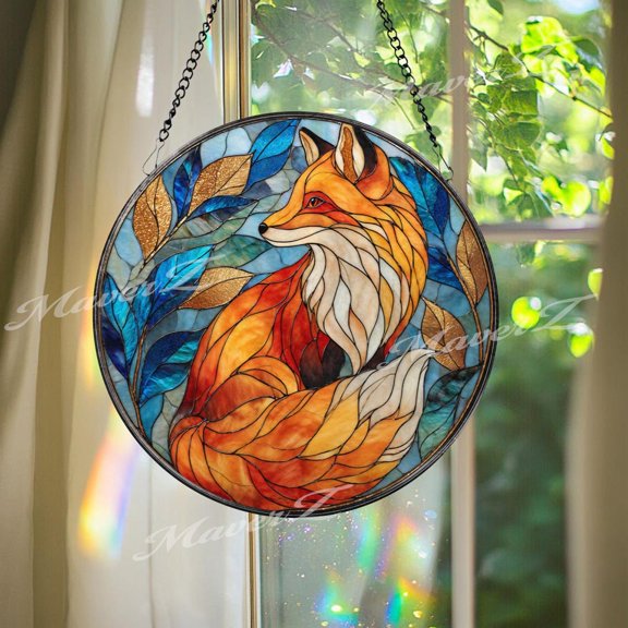 Red Fox Glass Suncatcher, Round Woodland Animal Window Panel With Blue Gold Leaves,Forest Nature Glass Art Decor For Wildlife Lovers, Suncatcher Window Hanging, 3.5 in
