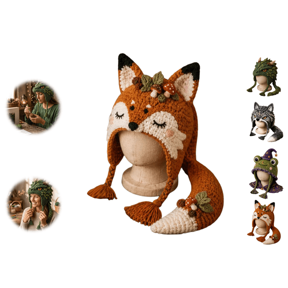 Red Fox Hood Hat DIY Crochet Kit,Complete All-in-One Crochet Set for Beginners,Animal Hood Hat Craft Kit with Premium Yarn and Tools,Handmade Gift for Adults and Teens