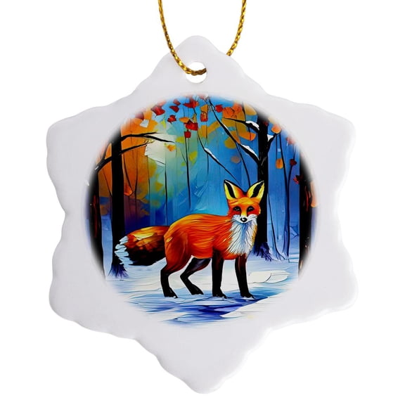 3drose, Red Fox in the Winter Forest. Sunset Light, Yellow Leaves Digital Art, 3 inch Snowflake Porcelain Ornament