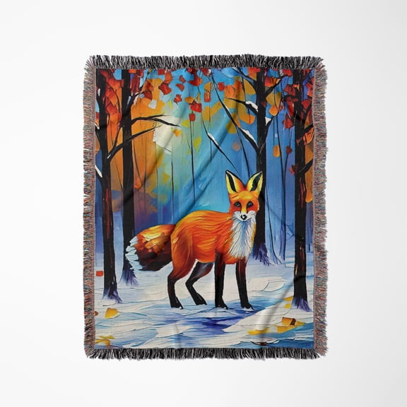 Red Fox In The Winter Forest. Sunset Light, Yellow Leaves Digital Art, Woven Blanket