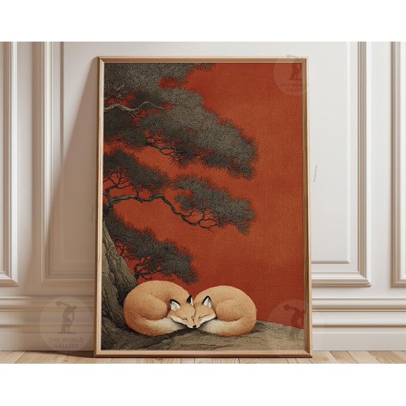 Red Fox Japanese Pine Tree Wildlife Woodland Wall Art, Unframed Paper Poster 8x10in