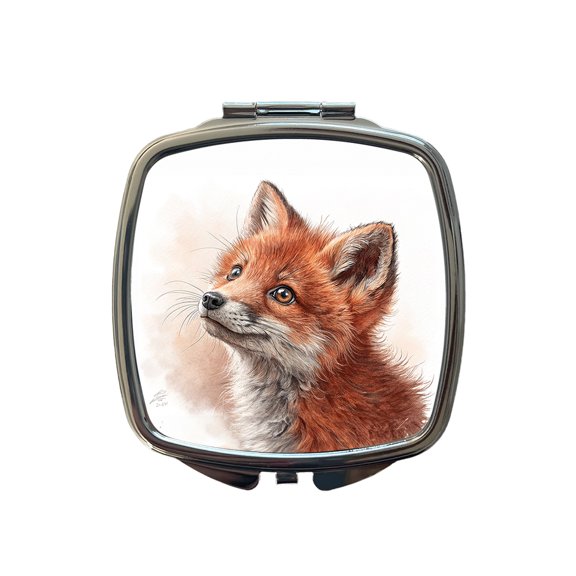 Red Fox Kit Illustration Travel Makeup Handbag Purse Small Pocket Compact Mirror