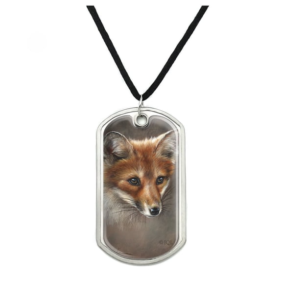 Red Fox Kit Portrait Military Dog Tag Pendant Necklace with Cord
