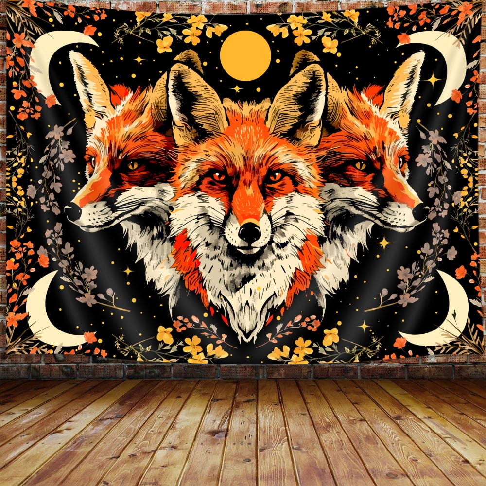 Red Fox Moon Tapestry Aesthetic, Cute Orange Fox Trippy Floral