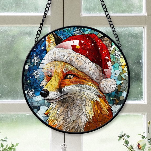 Red Fox Ornament Christmas 2025, Red Fox Stained Glass Window Panel Decorative Hanging Glass Art for Home or Garden