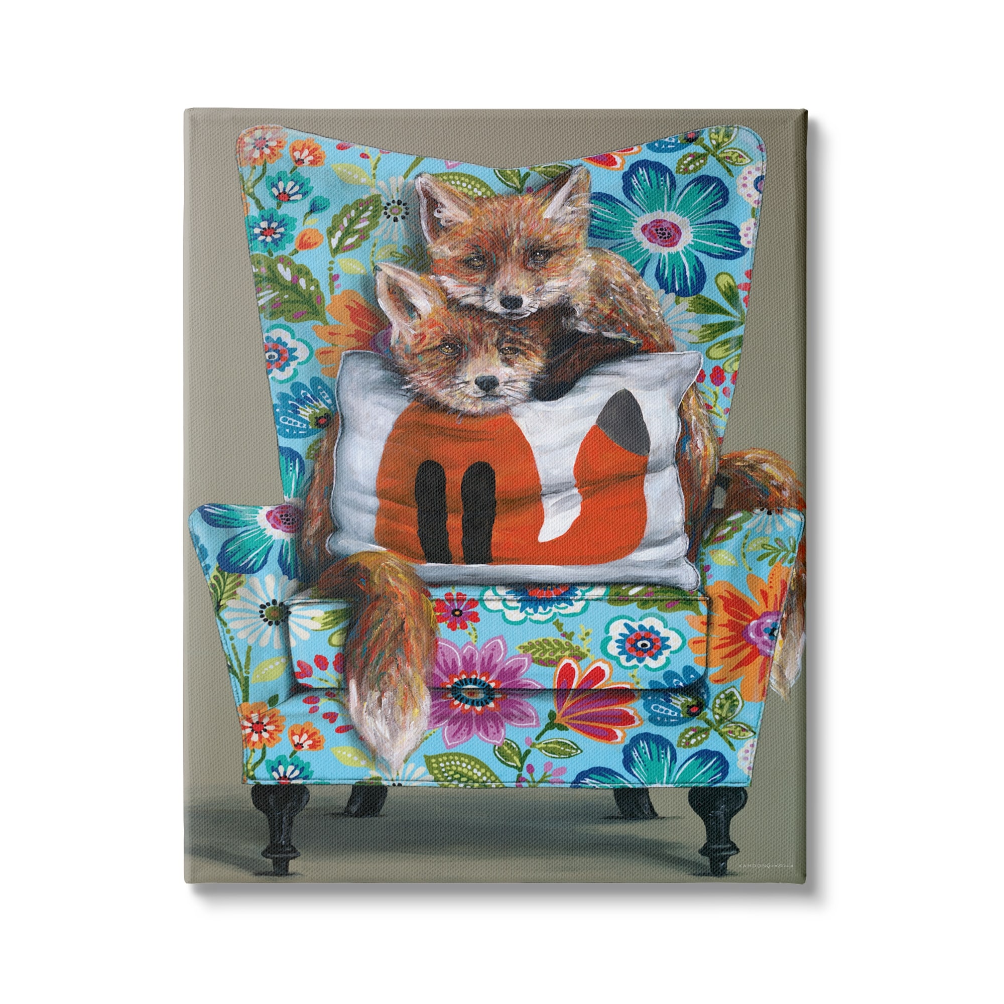Red Fox Pair Sitting Chair Spring Floral Pattern 24 in x 30 in Painting Canvas Art Print, by Stupell Home Décor