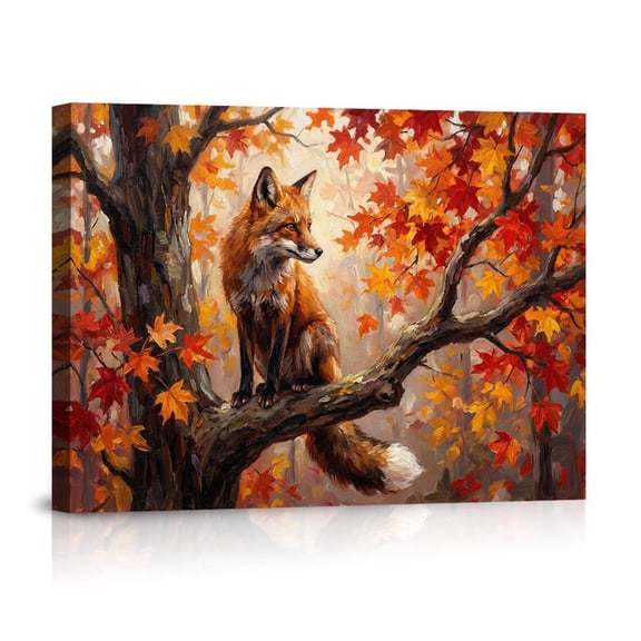 Red Fox Perched On Autumn Maple Tree Vibrant Fall Wildlife Cozy Forest Scene For Home Canvas