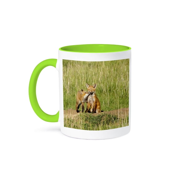 3drose, Red Fox Playing at Den Near Saratoga, Wyoming, Usa - Us51 Hga0049 - Howie Garber, 11oz Two-tone Green Mug