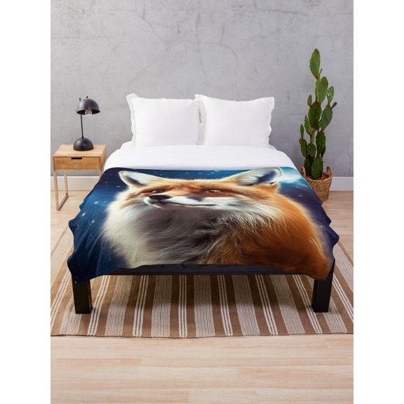Red Fox Portrait and Starry Sky Fleece Blanket, Navy Blue and Orange, Polyester Fleece Fabric, 280 GSM