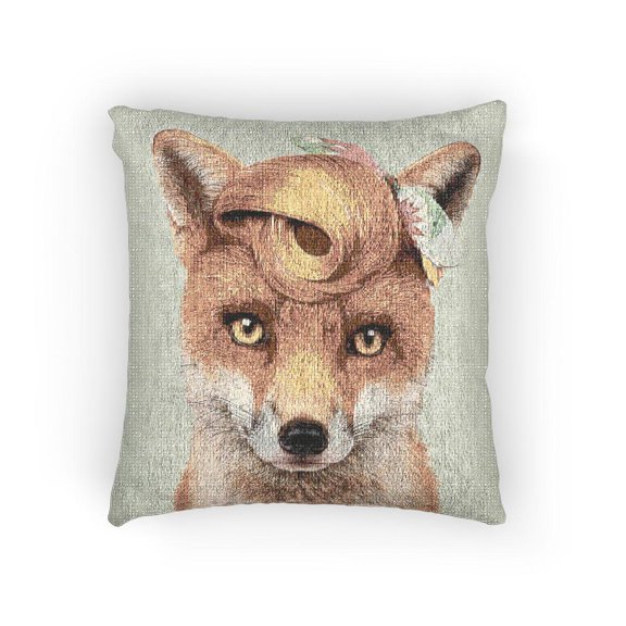 Red Fox Portrait with Curled Hair and Floral Headscarf, Mint Green Decorative Woven Pillow, 17 x 18 in, Cotton-Polyester Shell