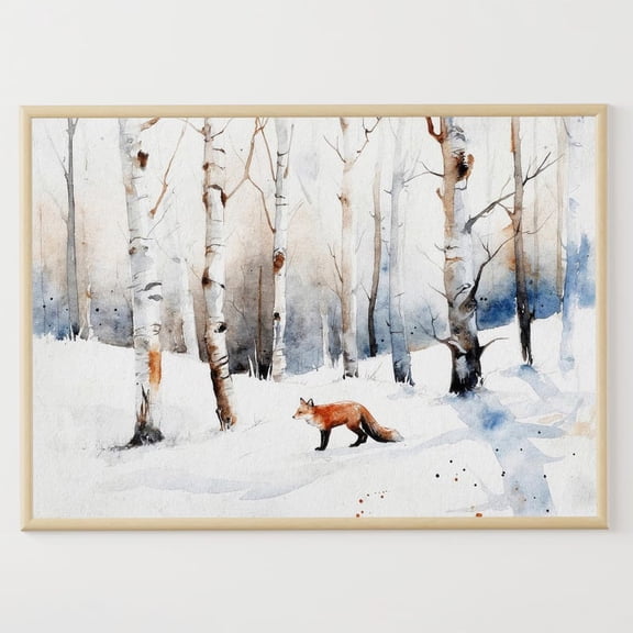 Red Fox Poster Birch Forest Poster Woodland Wall Art Nature Poster Winter Wall Decor, Unframed Poster Size 8x12