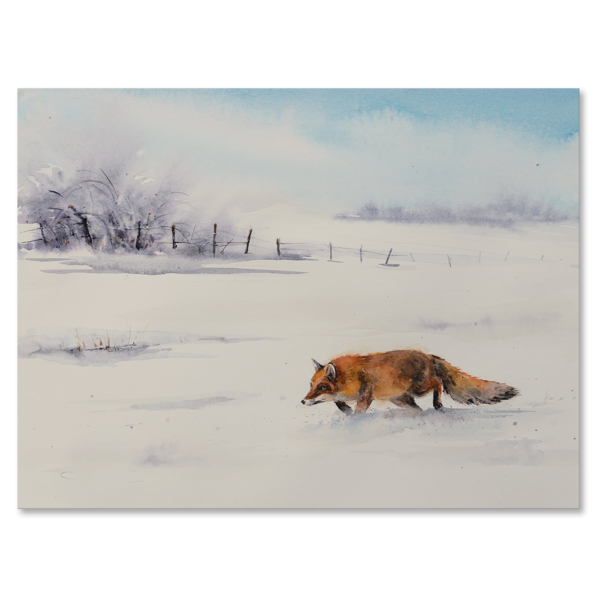 Red Fox Running In White Snow in Countryside I 8 in x 12 in Painting Canvas Art Print, by Designart