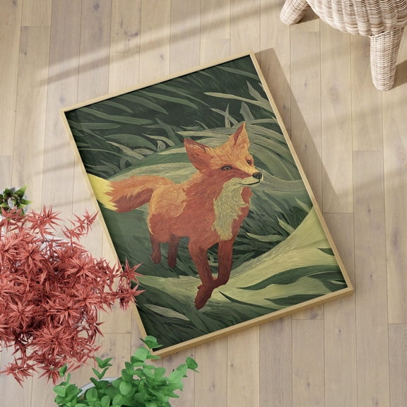 Red Fox Running in Meadow Grass Whimsical Woodland Animal Decor Wall Art Print