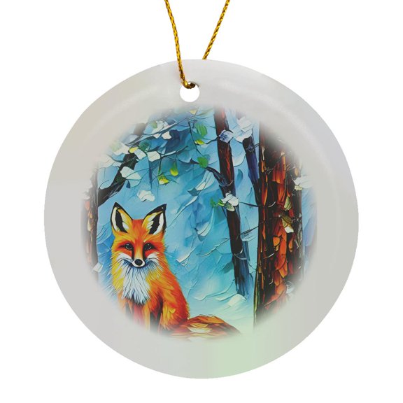 3drose, Red Fox Sits on the Snow in the Winter Forest. Cool Digital Art Gift, Circle Porcelain Ornament
