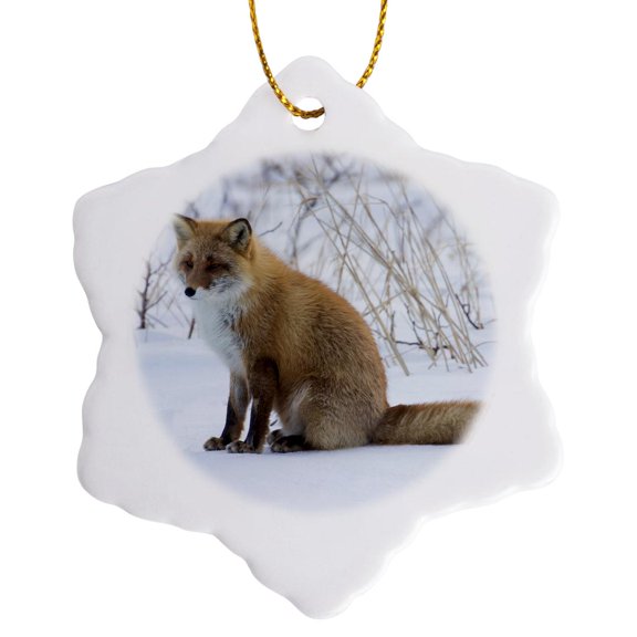 3drose, Red Fox Sitting in Snow, 3 inch Snowflake Porcelain Ornament