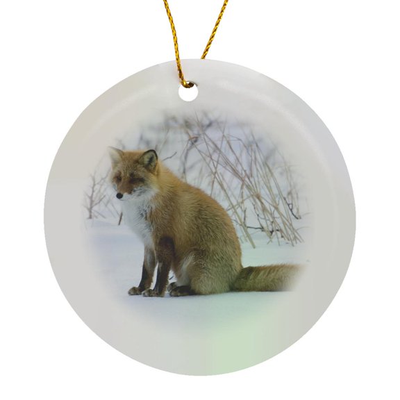 3drose, Red Fox Sitting in Snow, Circle Porcelain Ornament
