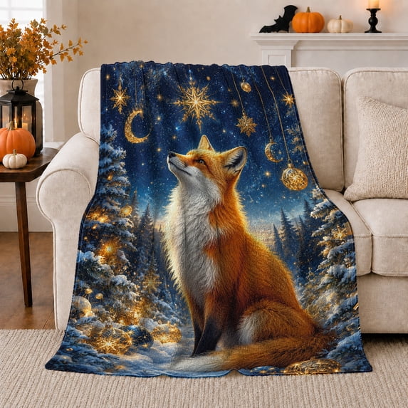 Red Fox Snowy Forest Under Golden Moon Magical, Festive Holiday Scene, Warm Flannel Blanket for Cabin and Lodge, Art Lovers Housewarming Gift, Festive Home Decor