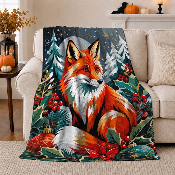 Red Fox in Snowy Pine Forest with Holly and Ornaments, Festive Wildlife Art Cozy Flannel Blanket, Home Decor for Wildlife Lovers, Cabin and Family Room, Christmas Gift, Winter Woodland Scene