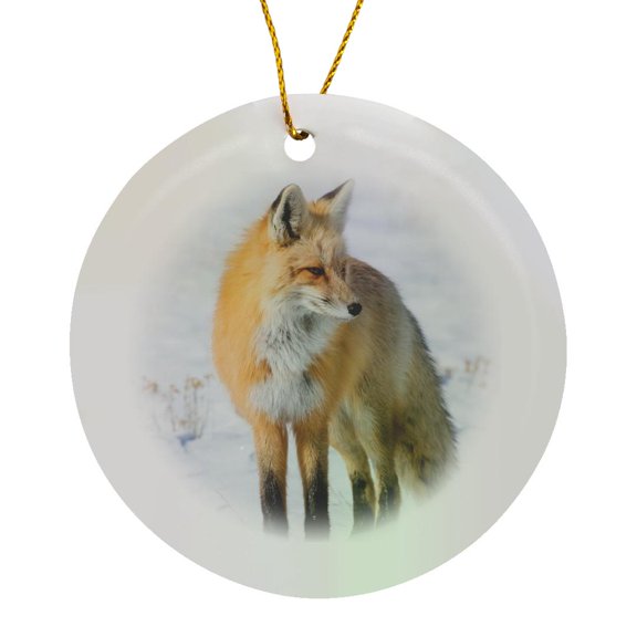 3drose, Red Fox Standing in Snow, Yellowstone National Park, Wyoming, Circle Porcelain Ornament