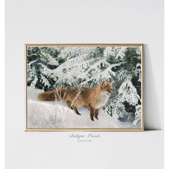 Red Fox Vintage Poster, Winter Animal, Antique Snowy Countryside Wall Art, Winter Theme Farmhouse Decor, 722, Unframed Poster Size 8x12