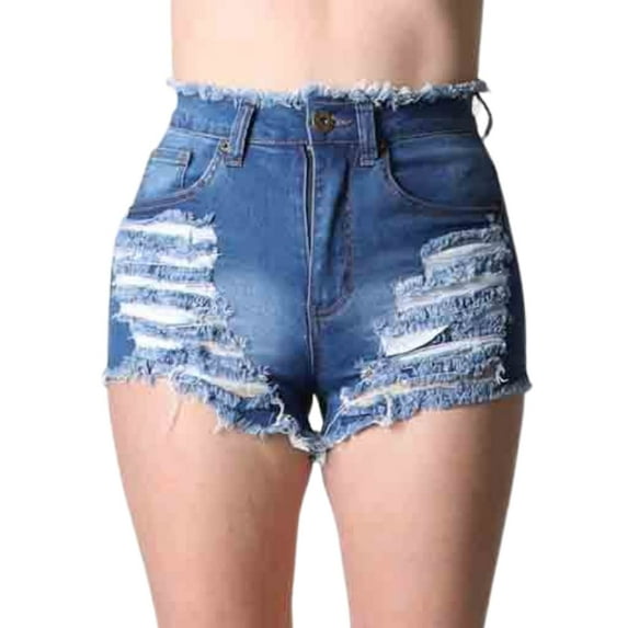 Red Fox Women Casual Summer High Waist Raw Hem Heavy Distressed Denim Shorts Jeans with Back Rip-Off
