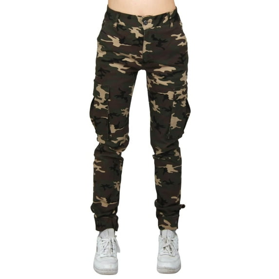 Red Fox Women's High Waist Camouflage Military Cargo Jogger Pants - Army Casual Olive Woodland Camo, Medium