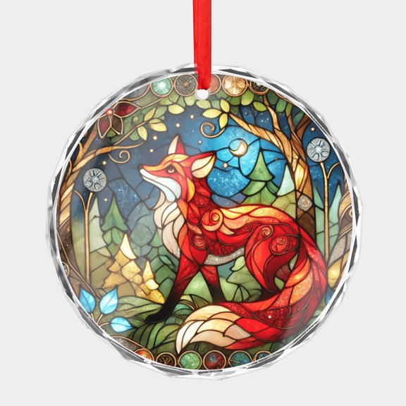 Red Fox Woodland Forest Animal in Night Scene Crystal Glass Christmas Ornament, 3 Flat Round Beveled-Edge Disc (0.23 Thick) with Printed Stained Glass-Style Image, Holiday Tree Gift