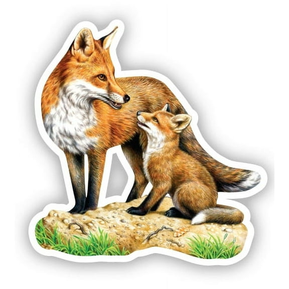 Red Fox and Baby Fox - 3" Vinyl Sticker - For Car Laptop I-Pad Phone Helmet Hard Hat - Waterproof Decal