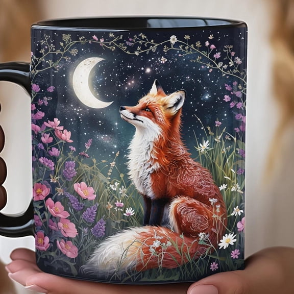 Red Fox in Wildflowers on a Starry Night, Ceramic Cup, Animal Lover Gift, Nature Coffee Mug, 11oz, 15oz, Morning Coffee Cup, Moonlit Fox