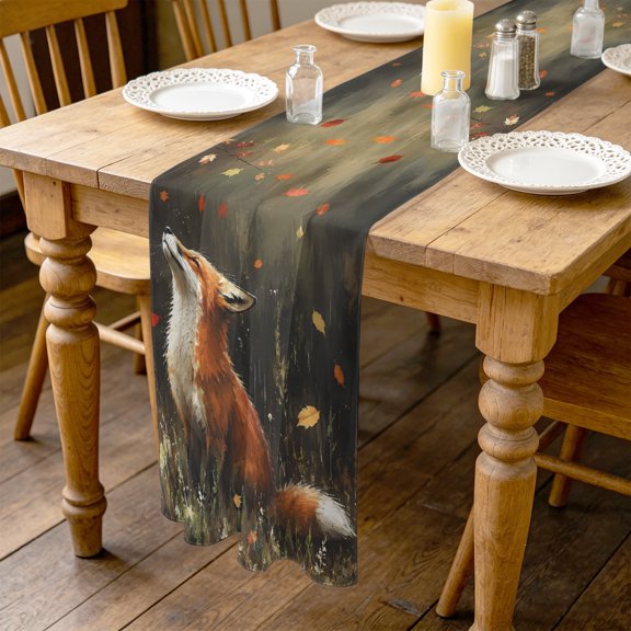 Red Foxes 10ft Cheesecloth Table Runner for Wedding 27"x120", Red Orange Maple Leaf Forest Gold Grass Wildlife Kitchen Dinner Sheer Tulle Chiffon Dresser Scarf, Holiday Party Decorations