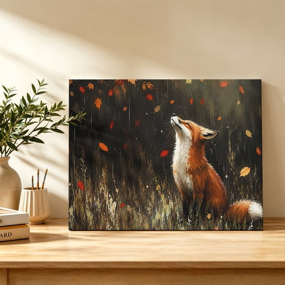 Red Foxes Canvas Wall Art, Red Orange Maple Leaf Forest Gold Grass Wildlife Wall Art Prints Artwork Framed Canvas Ready to Hang Art Pictures for Bathroom Bedroom Entry Desk Corner 10" x 8"