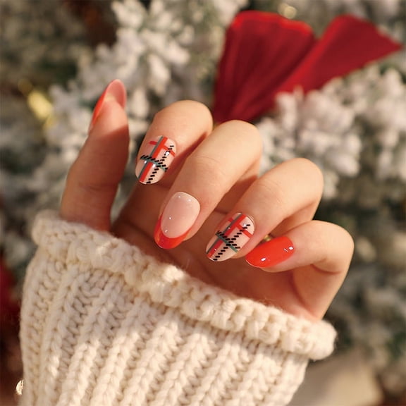 Red French Tip Christmas Press On Nails Short Squoval Fake Nails Glossy Plaid Checkered Nail Art Full Cover Adhesive Press Ons Acrylic False Nails Nail Tips For Holiday Party DIY Manicure 24 Pcs