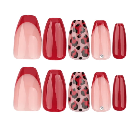 Red French Tip Leopard Print Rhinestone Accents Mixed Designs Press on Nails, Medium Coffin Glossy Fake Nails, 24 Count