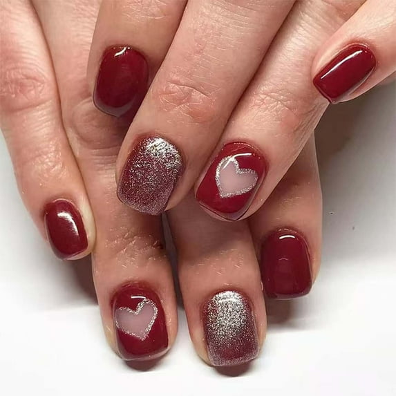 Red French Tip Press on Nails Medium Square False Nails Cute Heart Red Bevel French Glitter Powder Nails Stick on Nails Full Cover Acrylic Nails Glossy Glue on Nails for Women Nails Decoration 24Pcs
