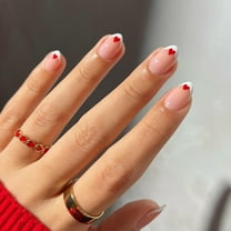 Red French Tip Press on Nails Medium Square False Nails Cute Heart Red Bevel French Glitter Powder Nails Stick on Nails Full Cover Acrylic Nails Glossy Glue on Nails for Women Nails Decoration 24Pcs