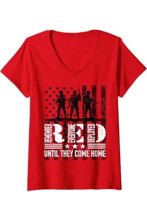 Red Friday Apparel Womens Remember Everyone Deployed Military V-Neck T-Shirt Red