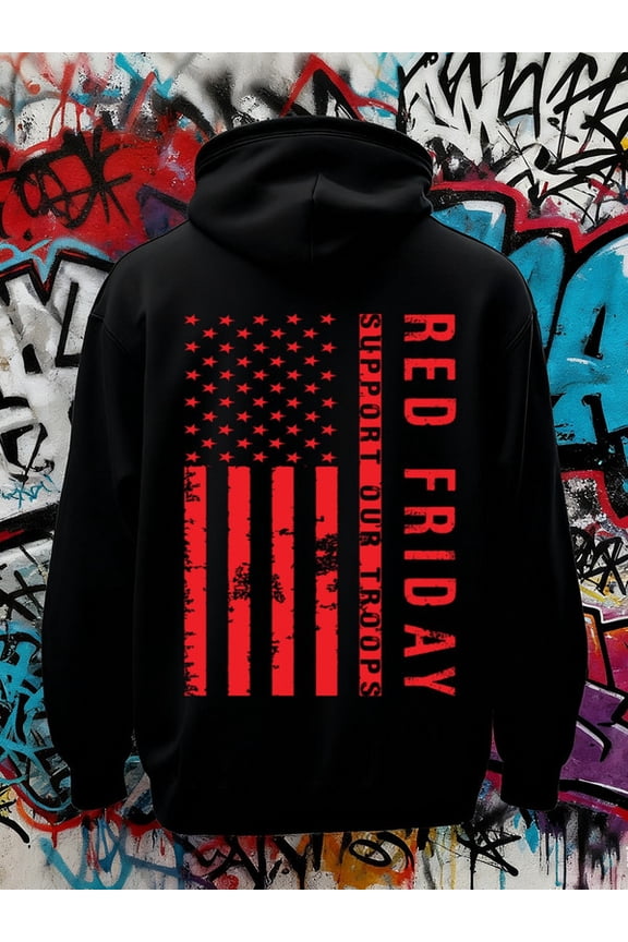 Red Friday Flag hoodies & sweatshirt Veteran mens polyester black Casual Outdoor Jogging & Fitness Training Pullover, Regular Fit, Hooded Design, Comfortable Pullover fist army Retro Unisex hoodie