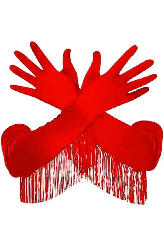 Red Fringe Christmas Gloves Long Stretchy Satin Gloves for Women