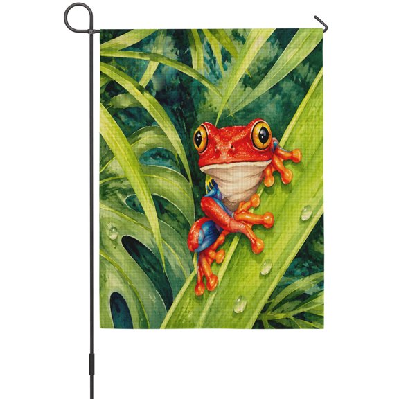 Red Frog Garden Flags For Outdoor, Summer Wildlife Country Pond Botanical Green Palm Leaf Small Double Side Yard Flags Weather Proof Garden Decor for Lawn Outside Holiday 12 x 18 Inches
