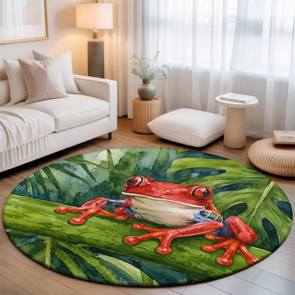 Red Frog Round Living Room Rugs 6 ft, Summer Watercolor Wildlife Country Pond Green Palm Leaf Washable Area Rug with Non-Slip Sturdy Edge Binding Round Carpet for Kitchen Office Bedroom