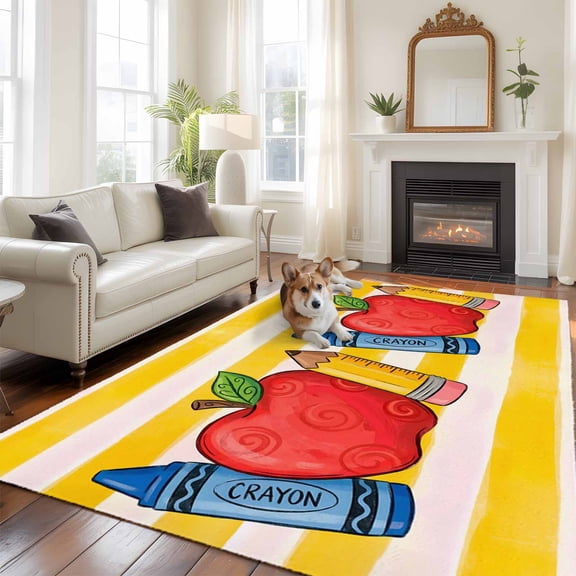 Red Fruit Area Rugs 5x7 ft Crayon Pencil Yellow Striped Childlike Cartoon Washable Rug Non Slip Indoor Carpet Absorbent Floor Mat for Living Room Bedroom Dining Room