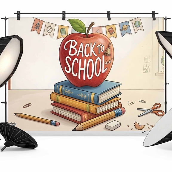 Red Fruit Backdrops for Photography, Back to School Academic Books Pencil Classic Fabric Photo Background Sturdy Studio Props for Photo Studio, Video Recording, Booth & Photoshoot 7x5ft